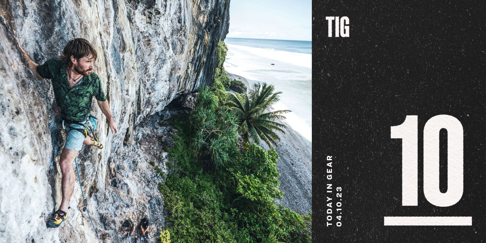 today in gear april 10 2023 man climbing cliffside overlooking ocean wearing roark bless up breathable stretch shirt
