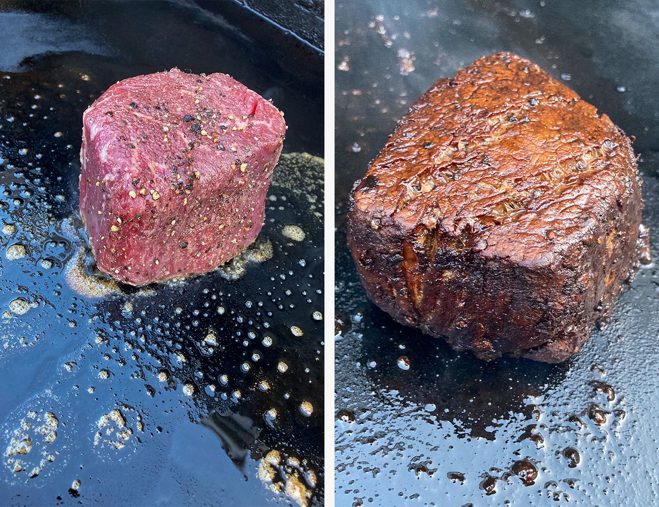 two photos of steak, one uncooked in a pan next to one cooked in a pan