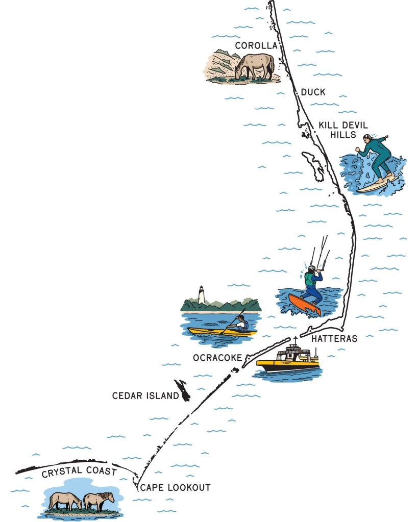 corolla, duck, kill devil hills, hatteras, ocracoke, cedar island, cape lookout, and crystal coast