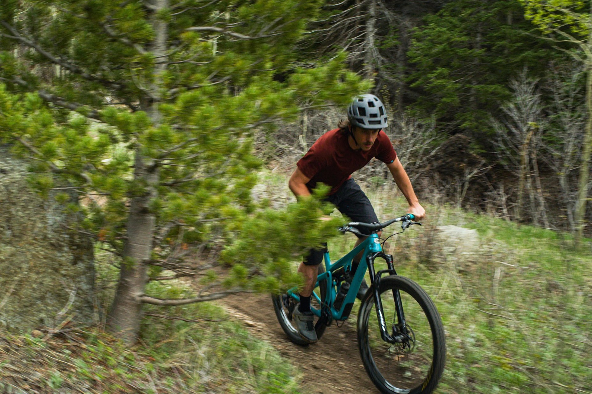 man riding a bike through the woods