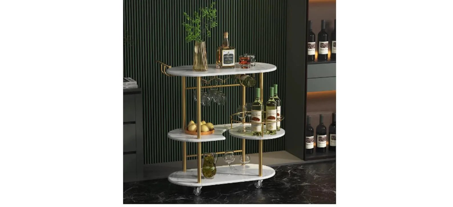 Gold Bar Carts with 4-Tier Storage Shelves, Mobile Bar Serving Cart with Wine Rack and Glass Holder
