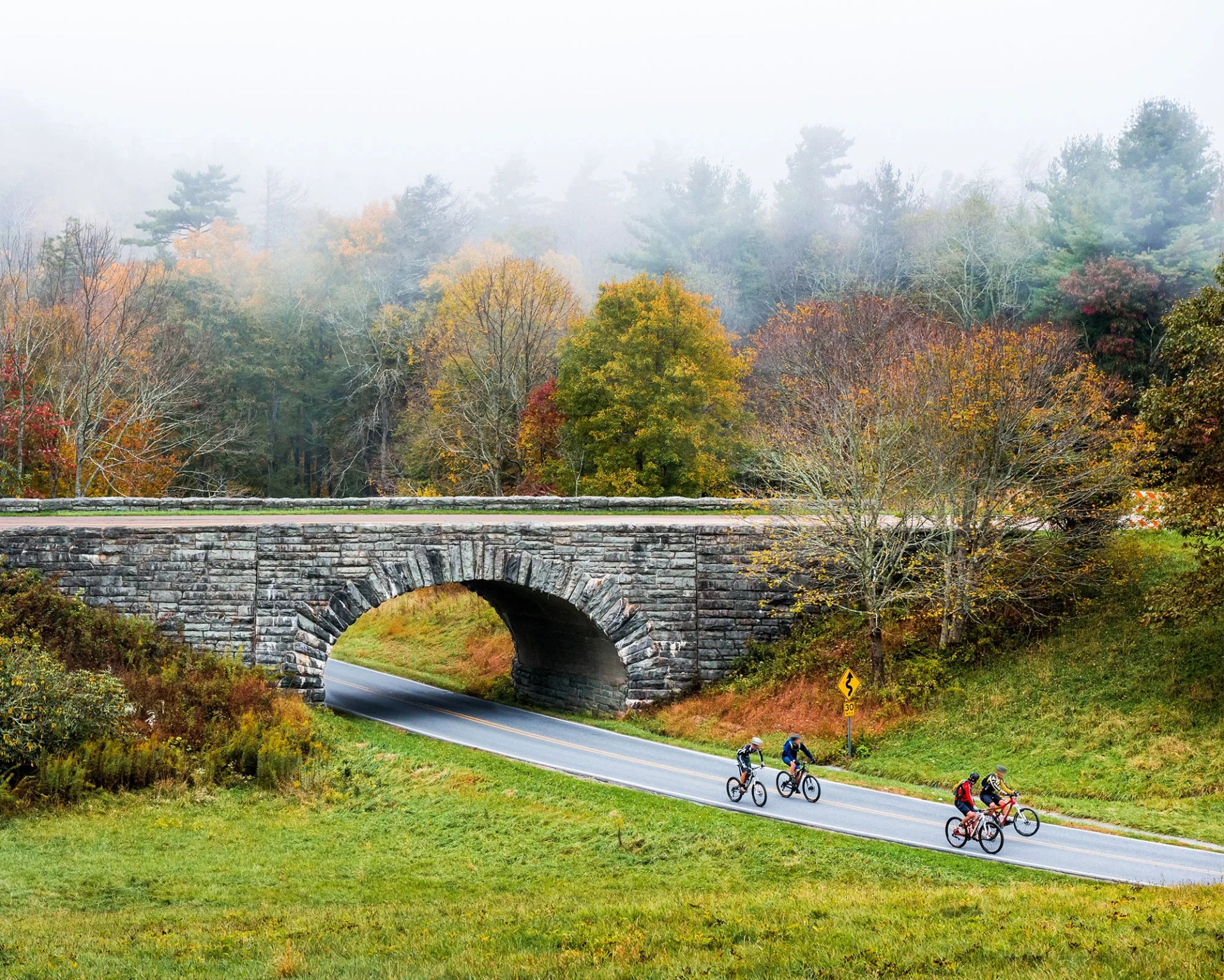 a group of bikers riding on the road passing a bridge with the forest in the back