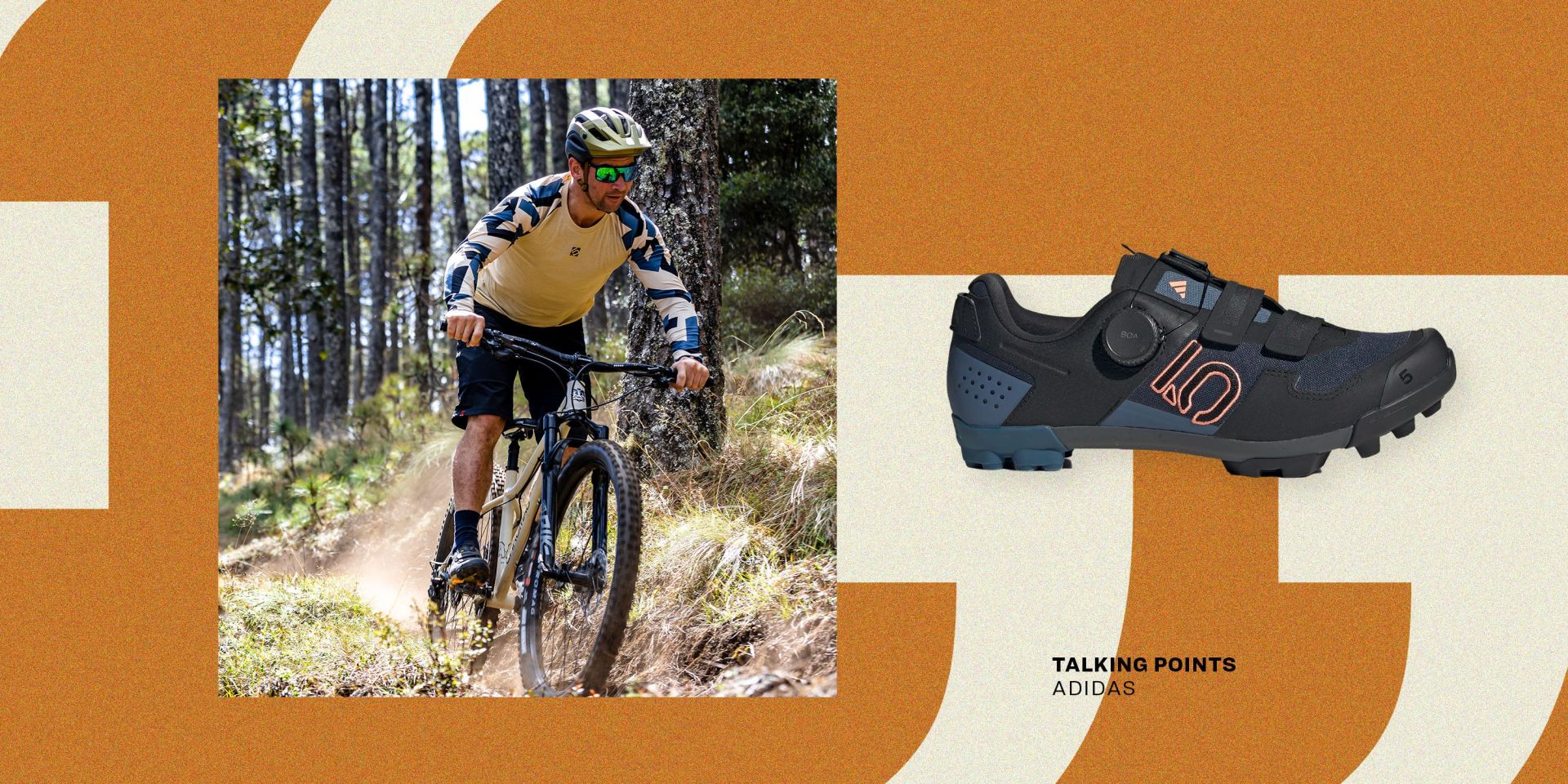 talking points man biking dirt path in forest wearing adidas five ten kestra boa shoes