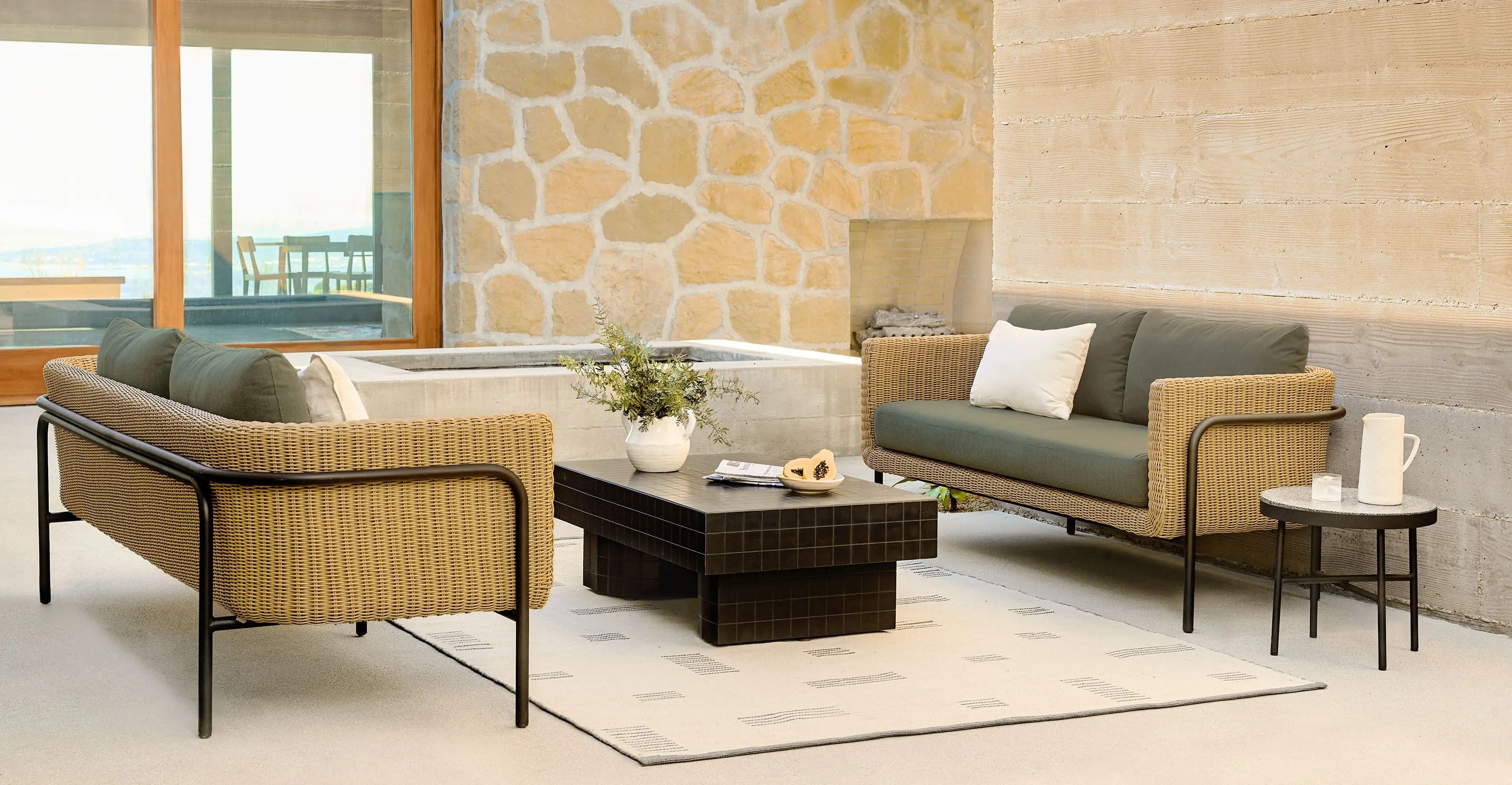 article aby dravite green fabric and resin wicker set with sera black coffee table