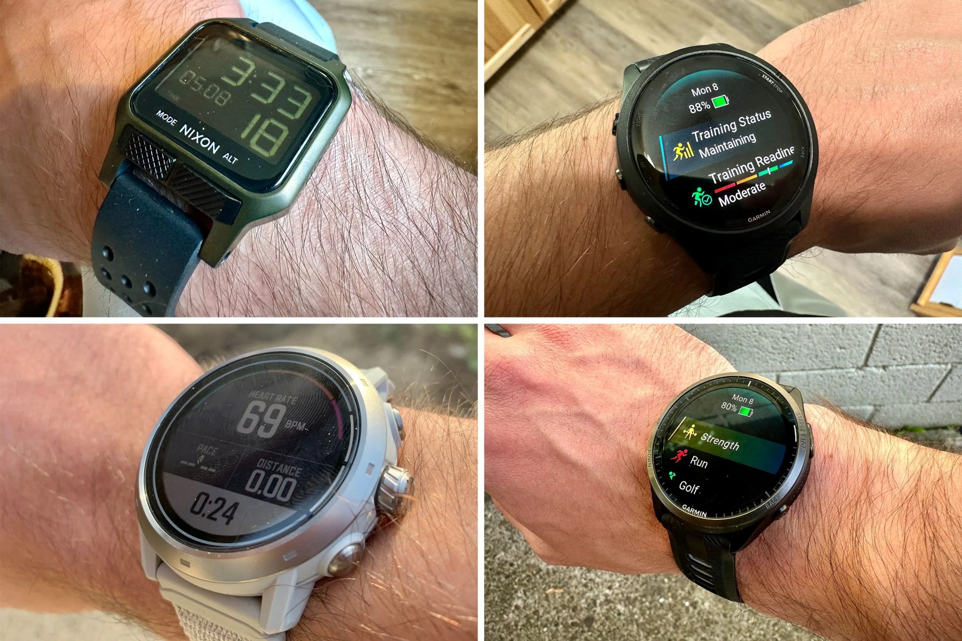 collage of 4 running watches on wrists