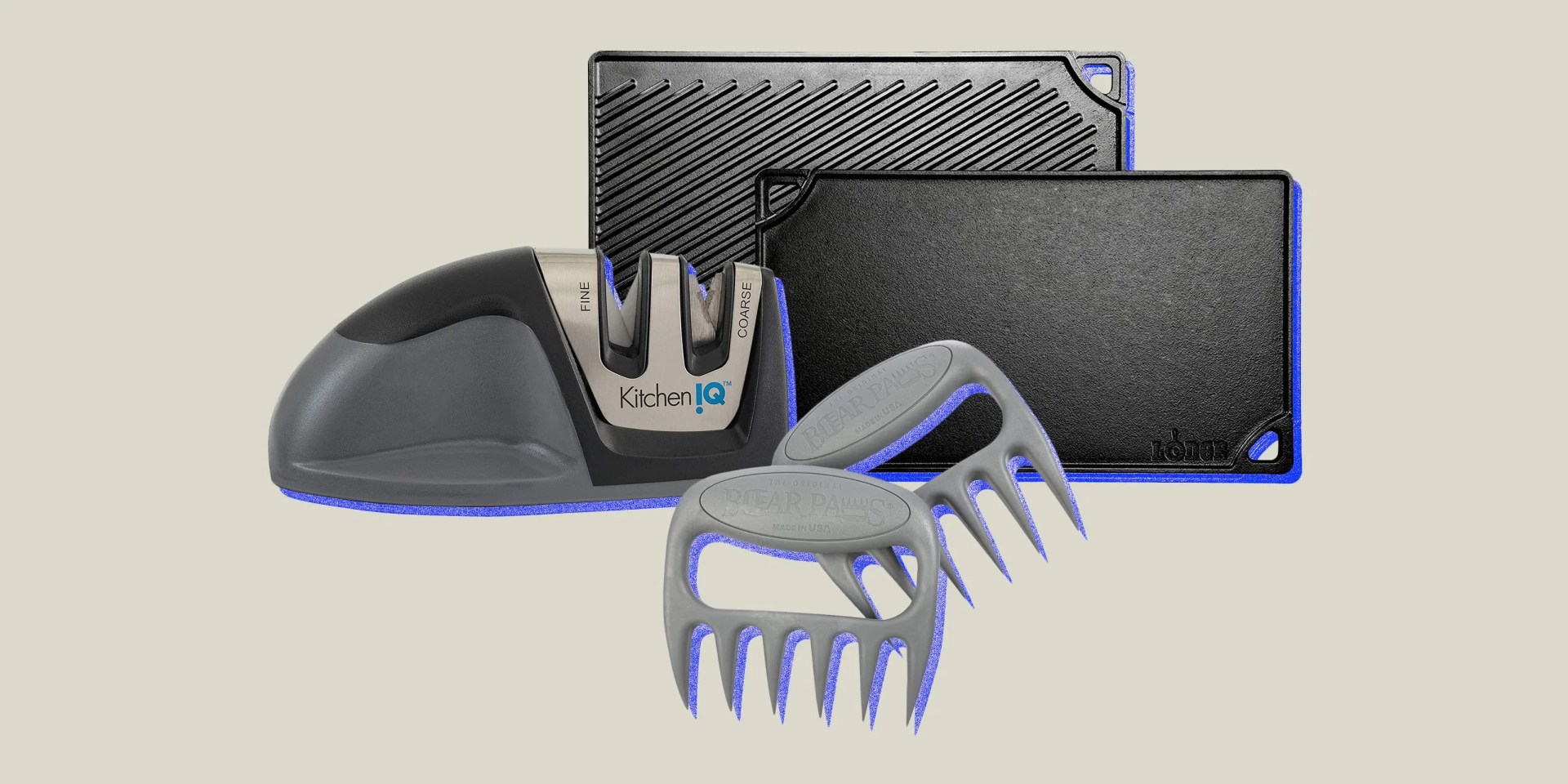 collage of a griddle, a knife sharpener, and meat claws