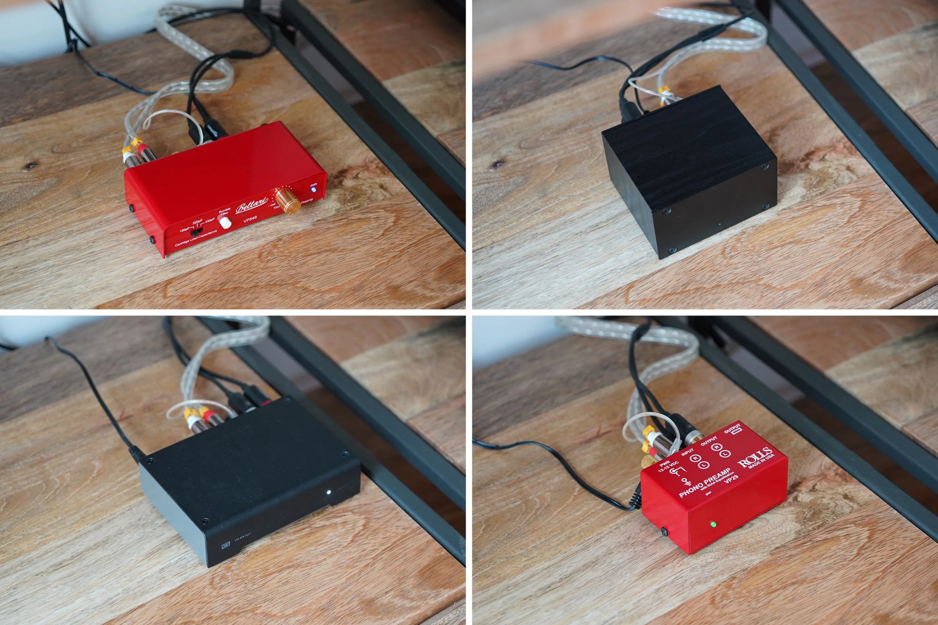 collage of phono preamps on a desk