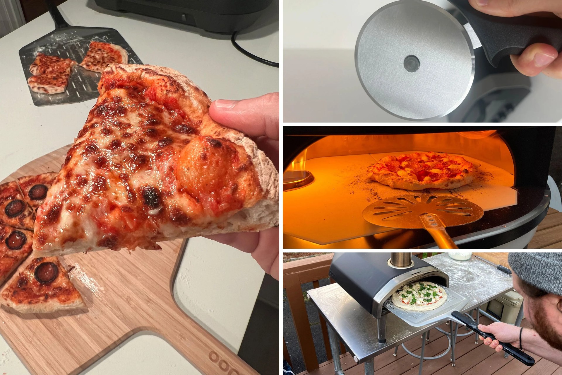 collage of pizza oven accessories in use