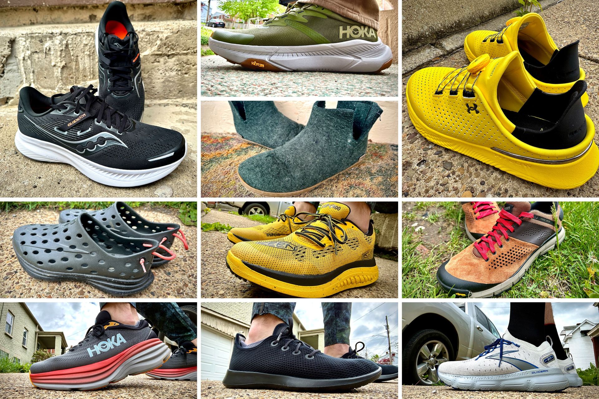 collage of walking shoes outside