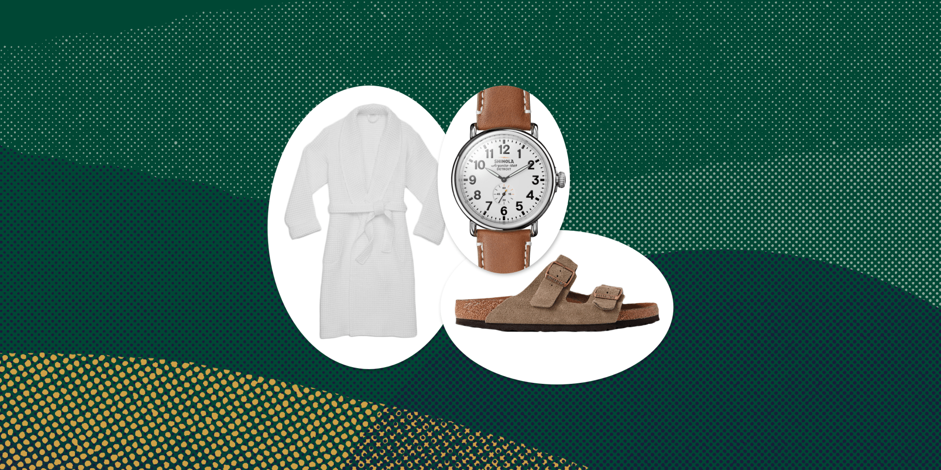 collage of a robe, a watch, and a birkenstock shoe