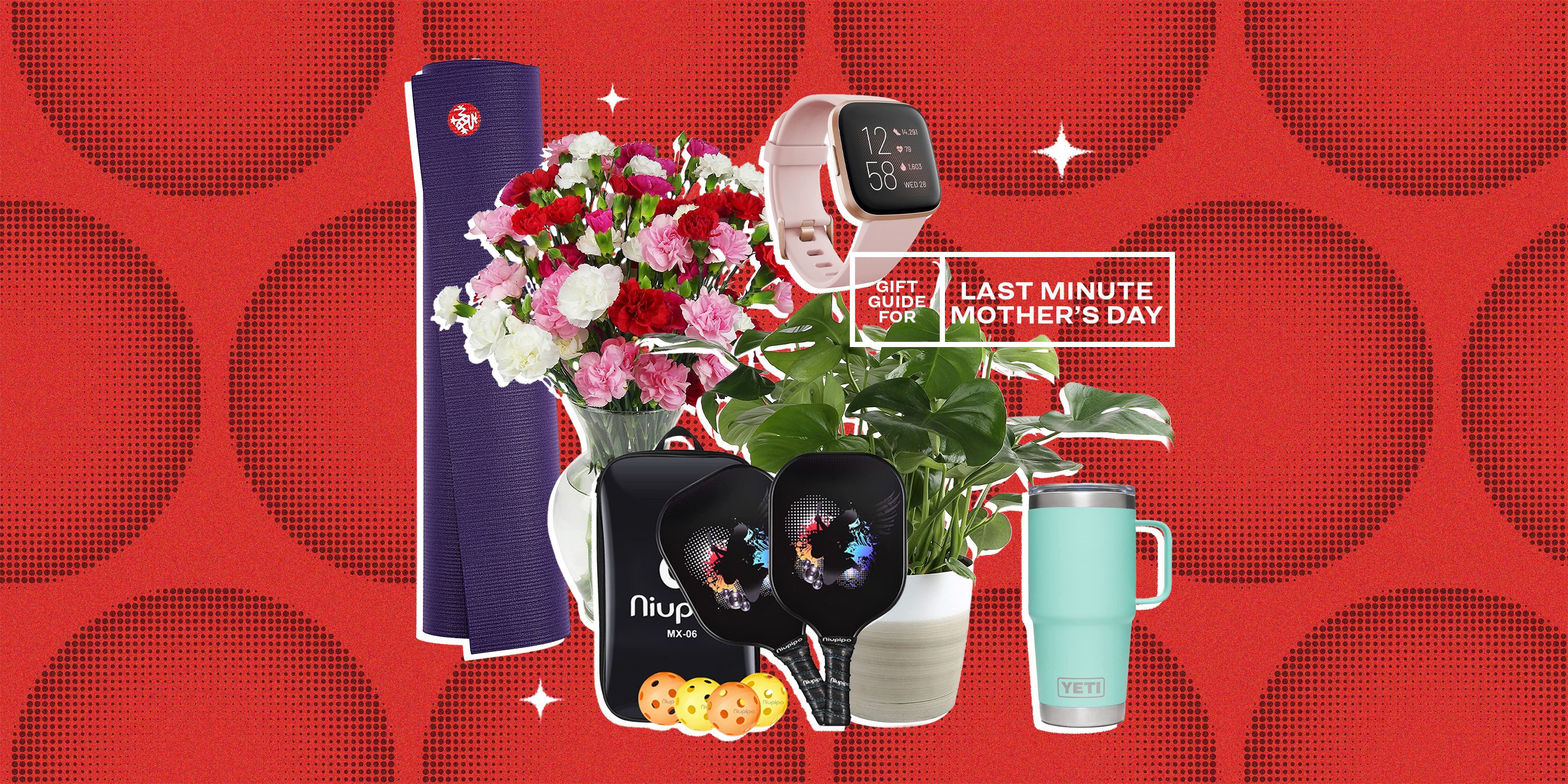 collage of a yoga mat, flowers, a fitbit watch, a tumbler, a plant, and a pickleballs et