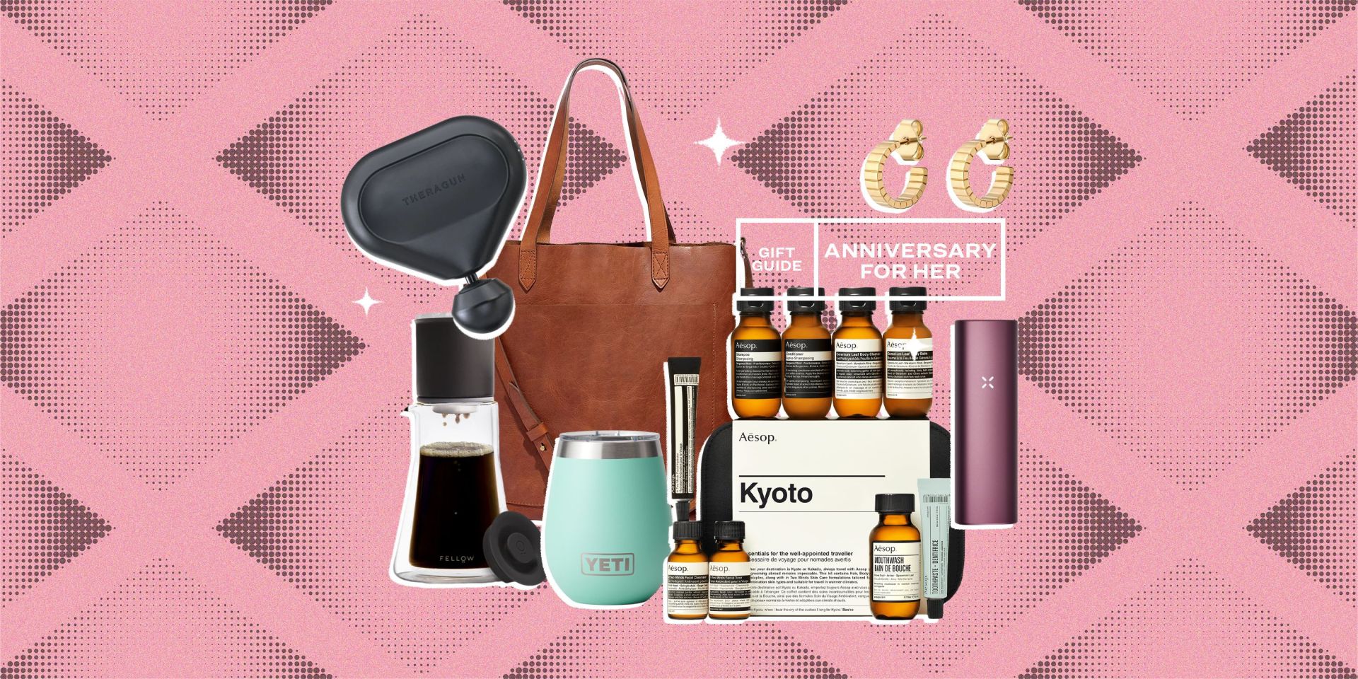 collage of a massage gun, a coffee cup, a yeti cup, a skincare bundle, earrings, a leather bat, and a vape pen