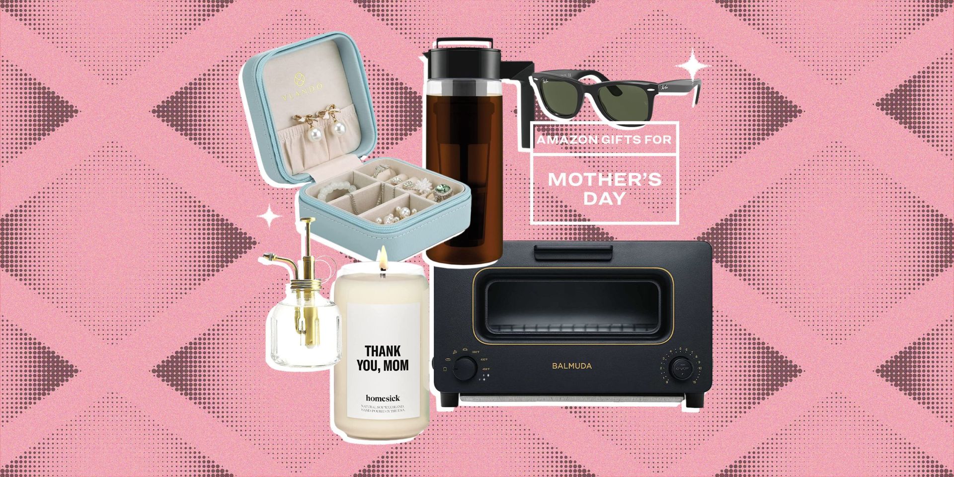 collage of a jewelry box, sunglasses, a mister, a candle, a toaster oven, and a coffee thermos