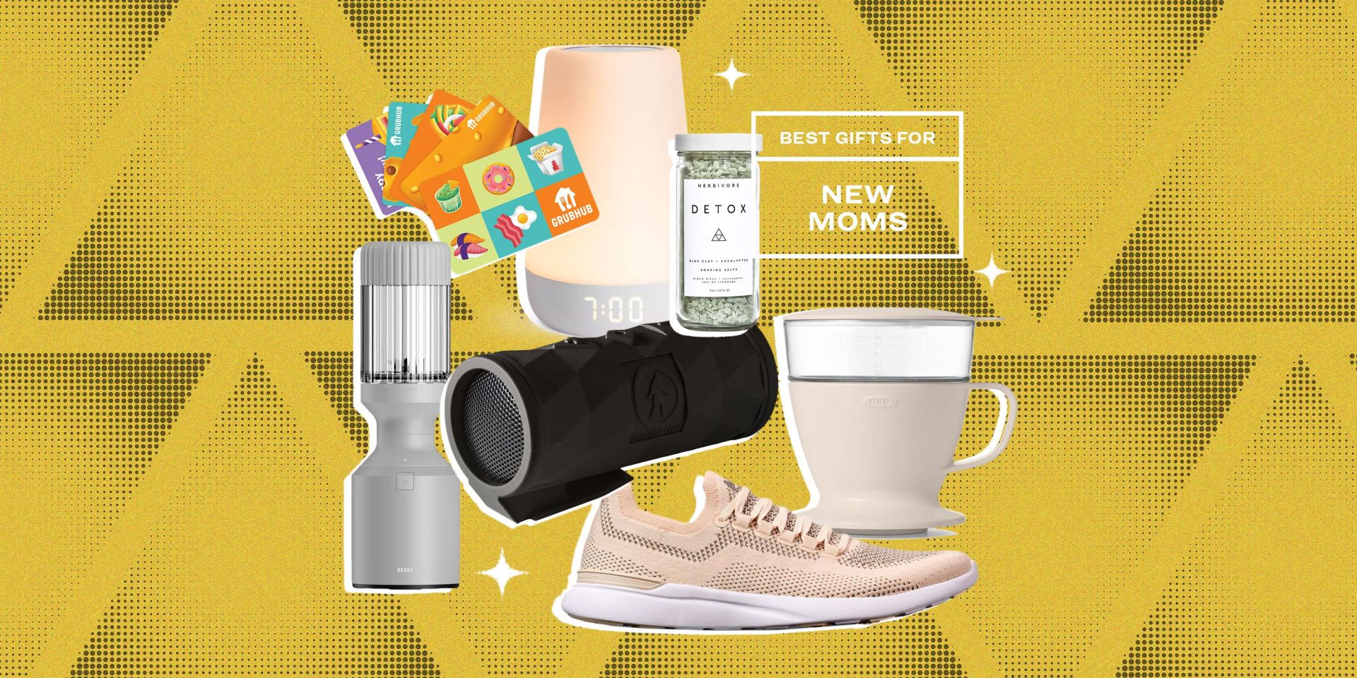 collage of a blender, gift cards, a light, bath salts, a speaker, a coffee maker, and a shoe