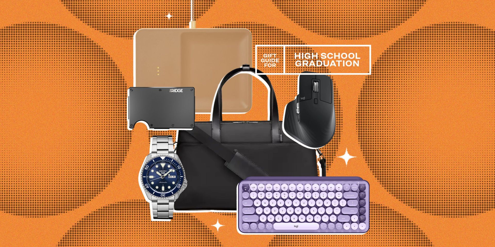 collage of wallet, a bag, a watch, a mouse, a keyboard, and a phone charger