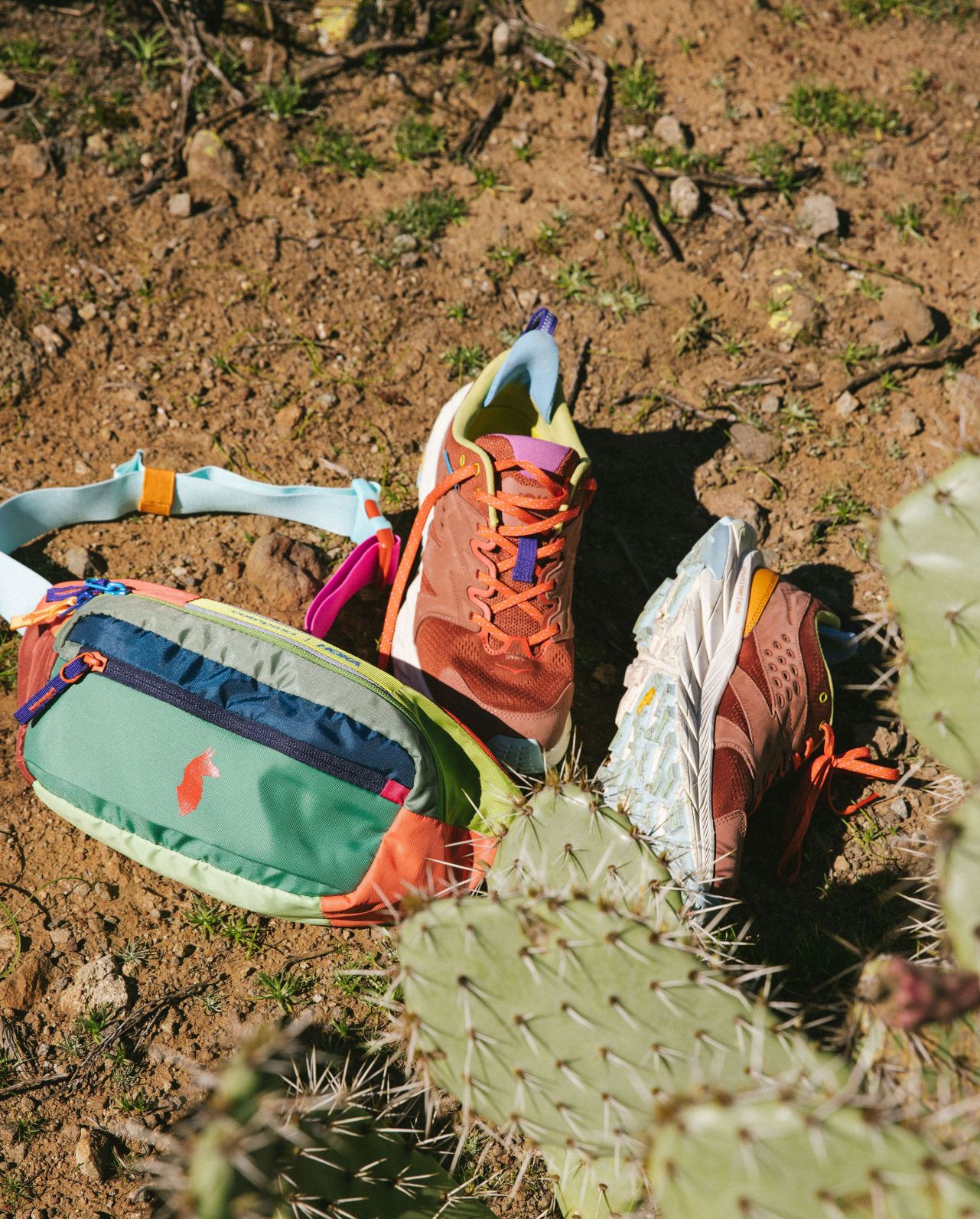 cotopaxi x hoka collection bag and sneakers