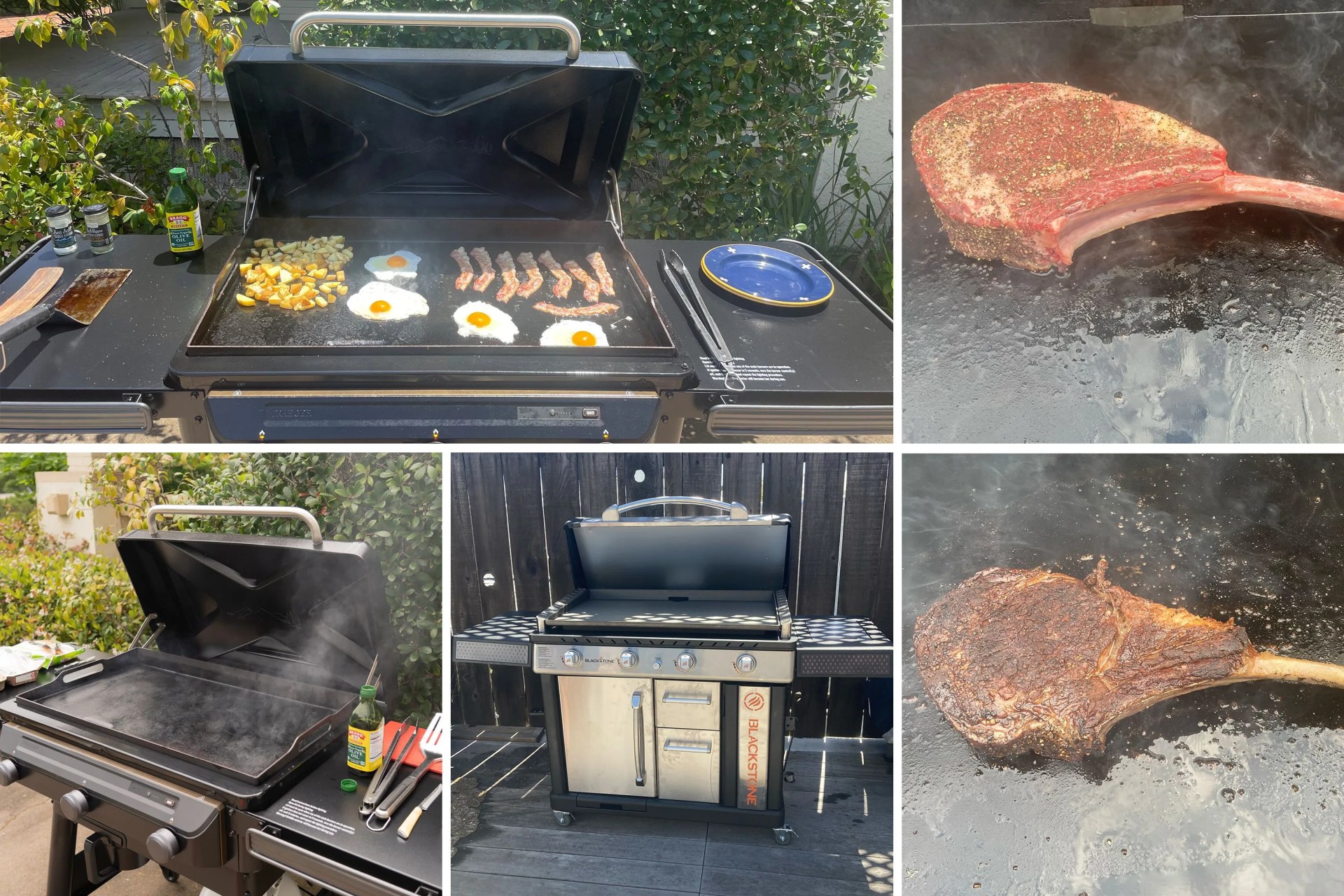 collage of flat top grills and meat cooking on it