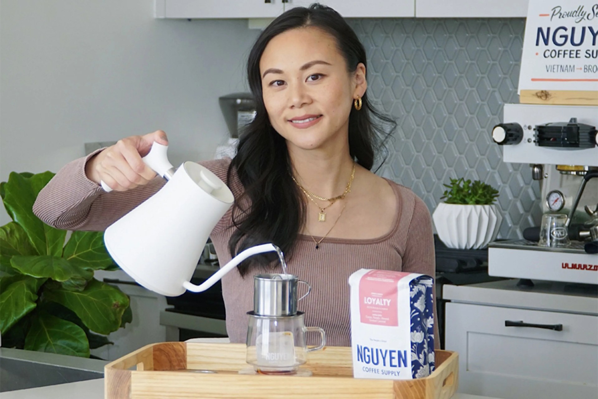 a woman pouring coffee