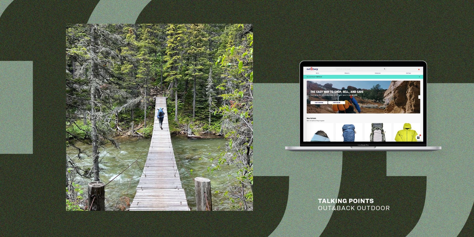 talking points out and back outdoor website next to man hiking across bridge