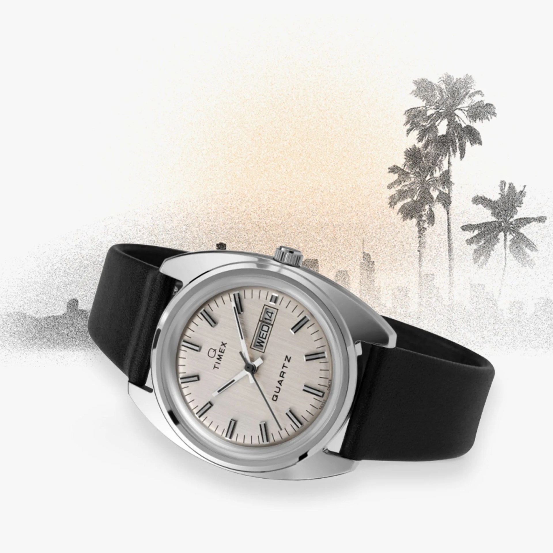q timex 1978 reissue watch with illustrated palm trees in the background