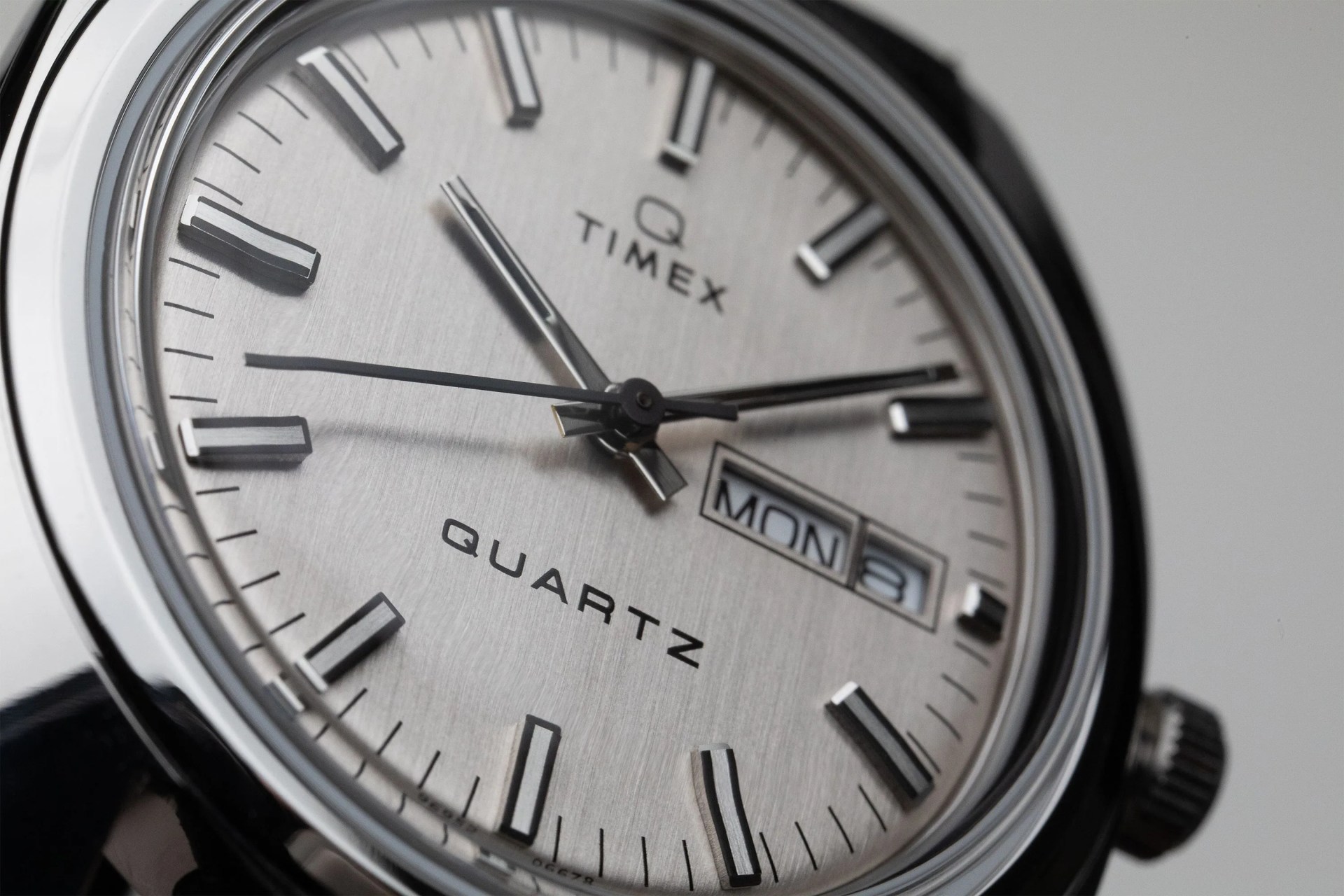 close up of a timex quartz watch face