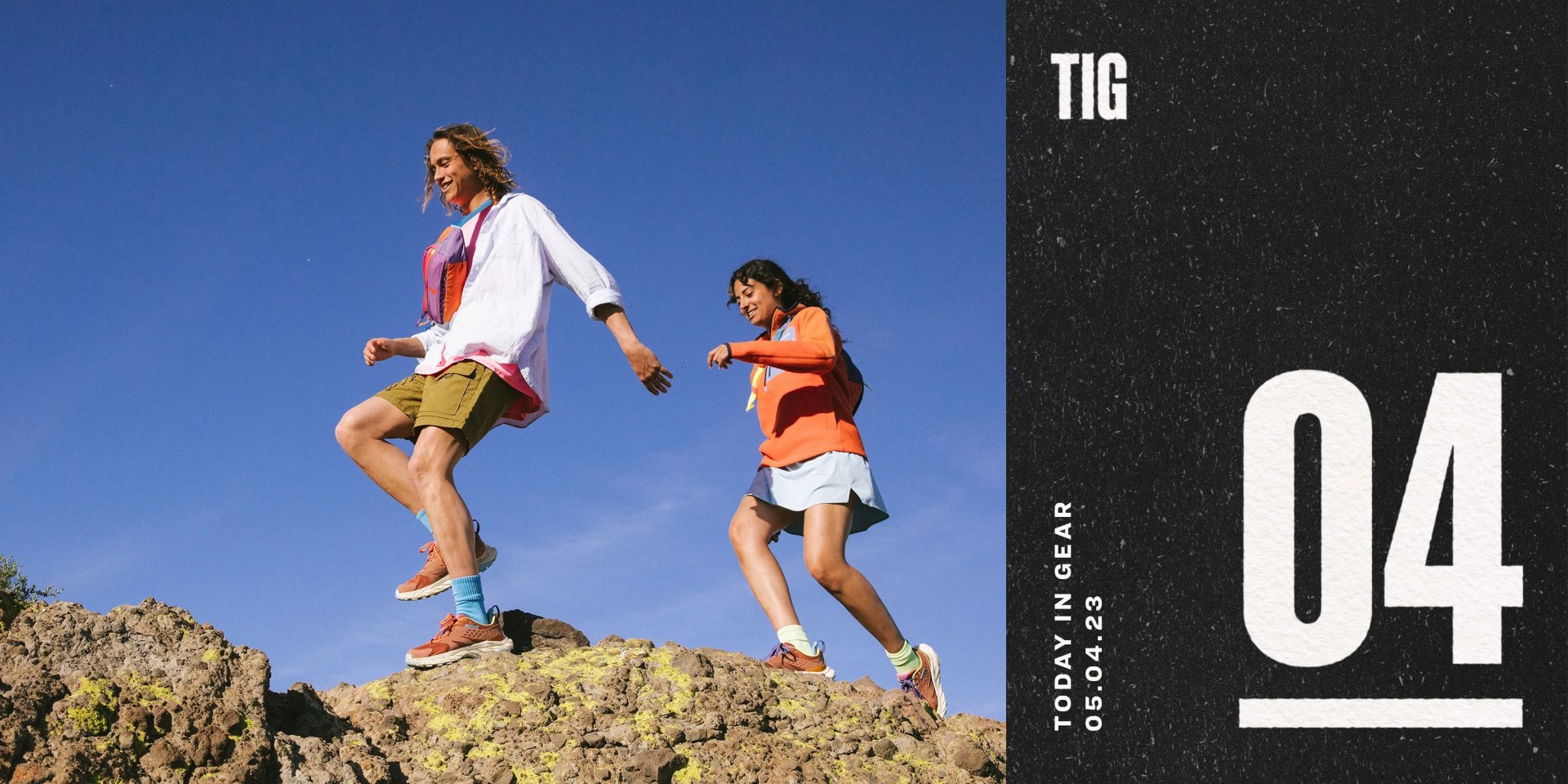 today in gear may 4 2023 man and woman hiking wearing cotopaxi x hoka collection
