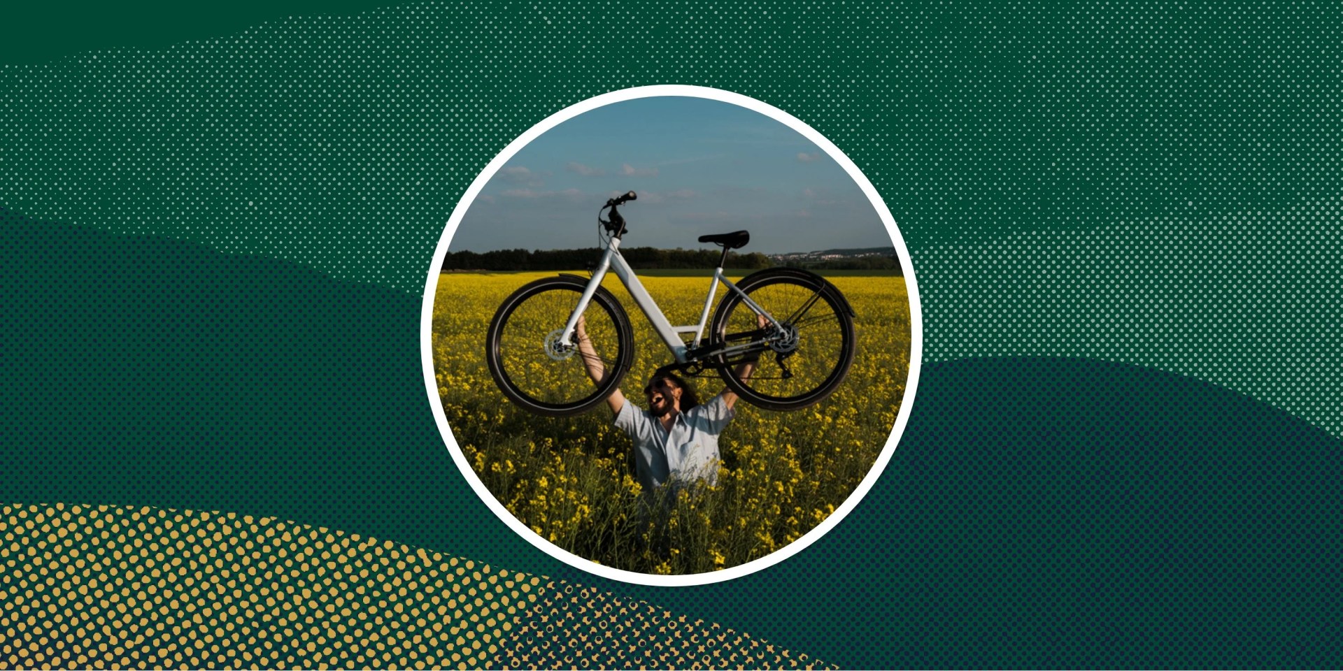 deals of note man holding up upway bike in flower field
