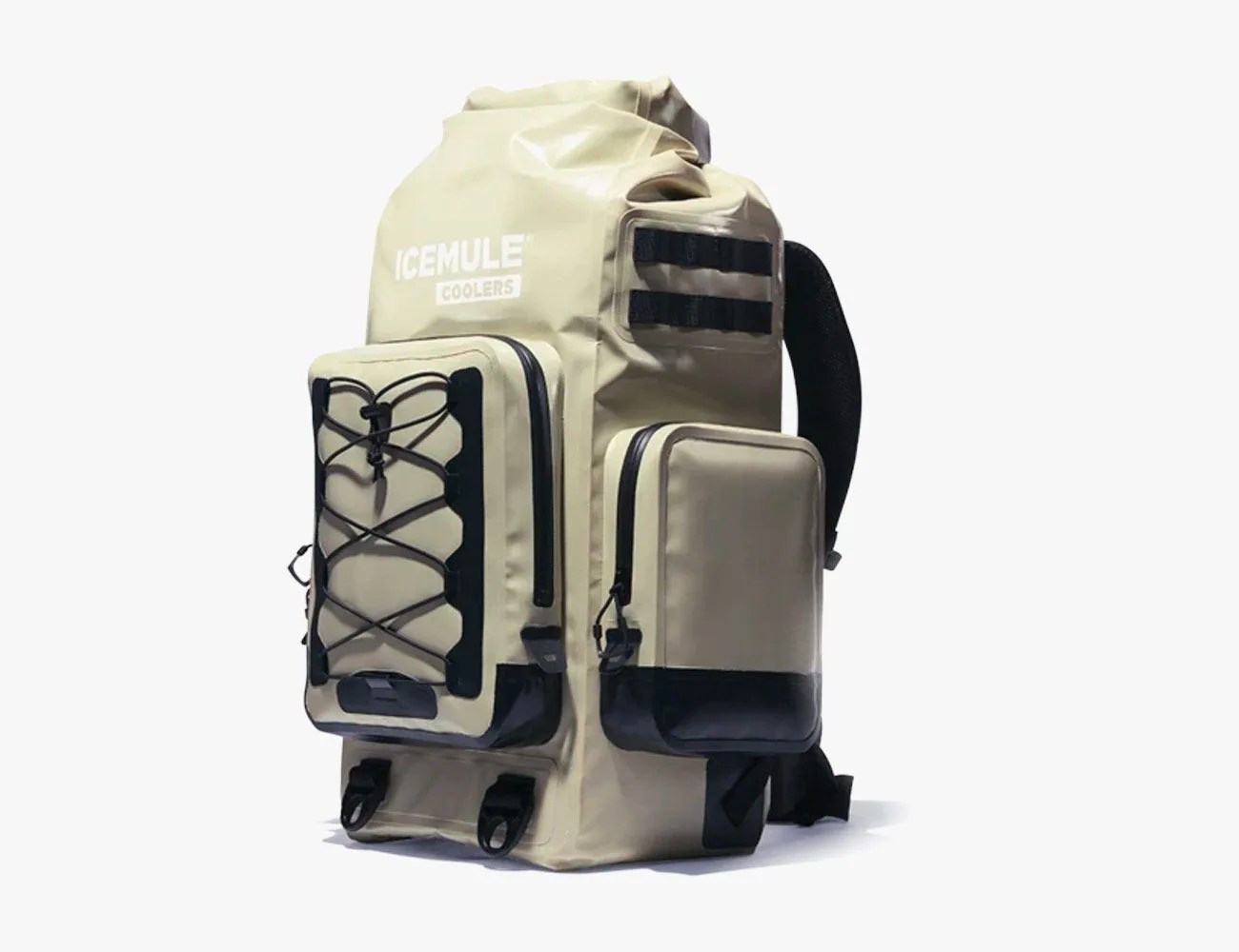 a tan cooler backpack with extra pockets