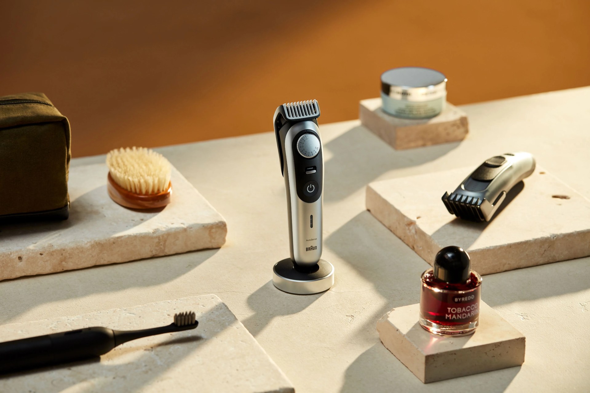 braun shavers, bag, brush, toothbrush, cologne and eye gel patches