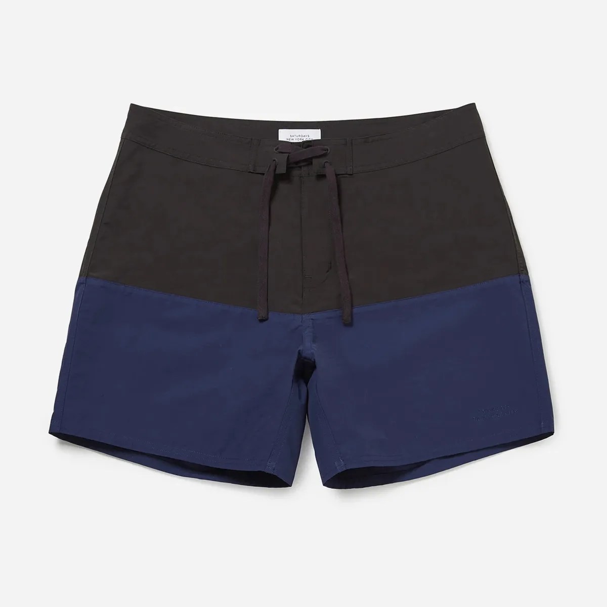 Saturdays Ennis Board short laid flat on grey background in half blue half black color way