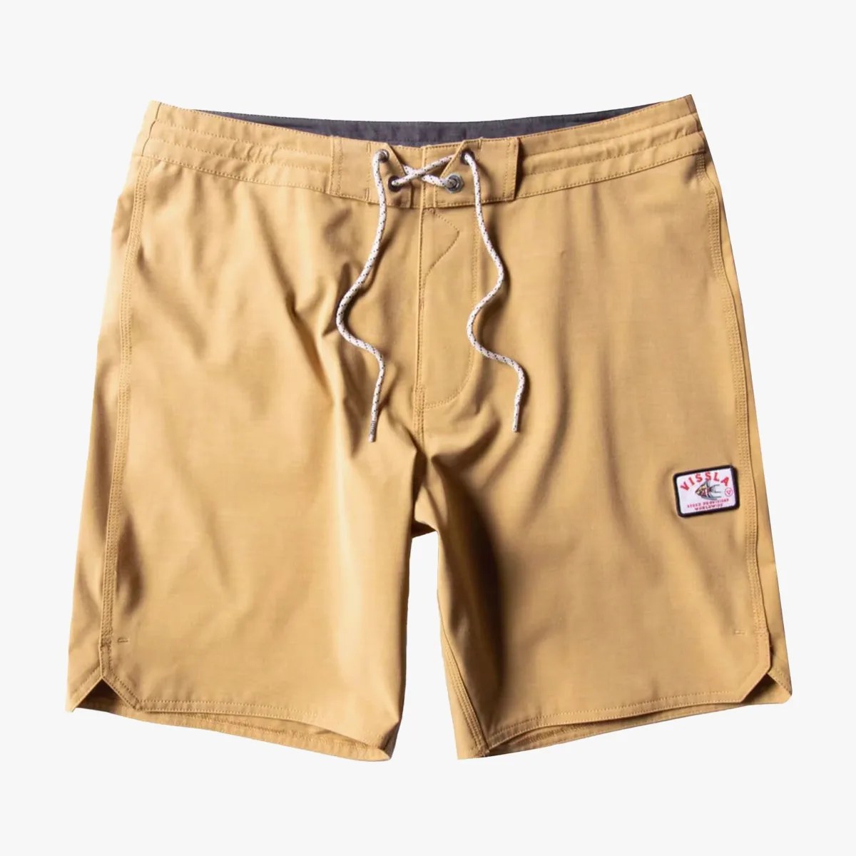 Pair of Vissla Solid Sets 19.5 in boardshort mens in khaki tan colorway on light grey background