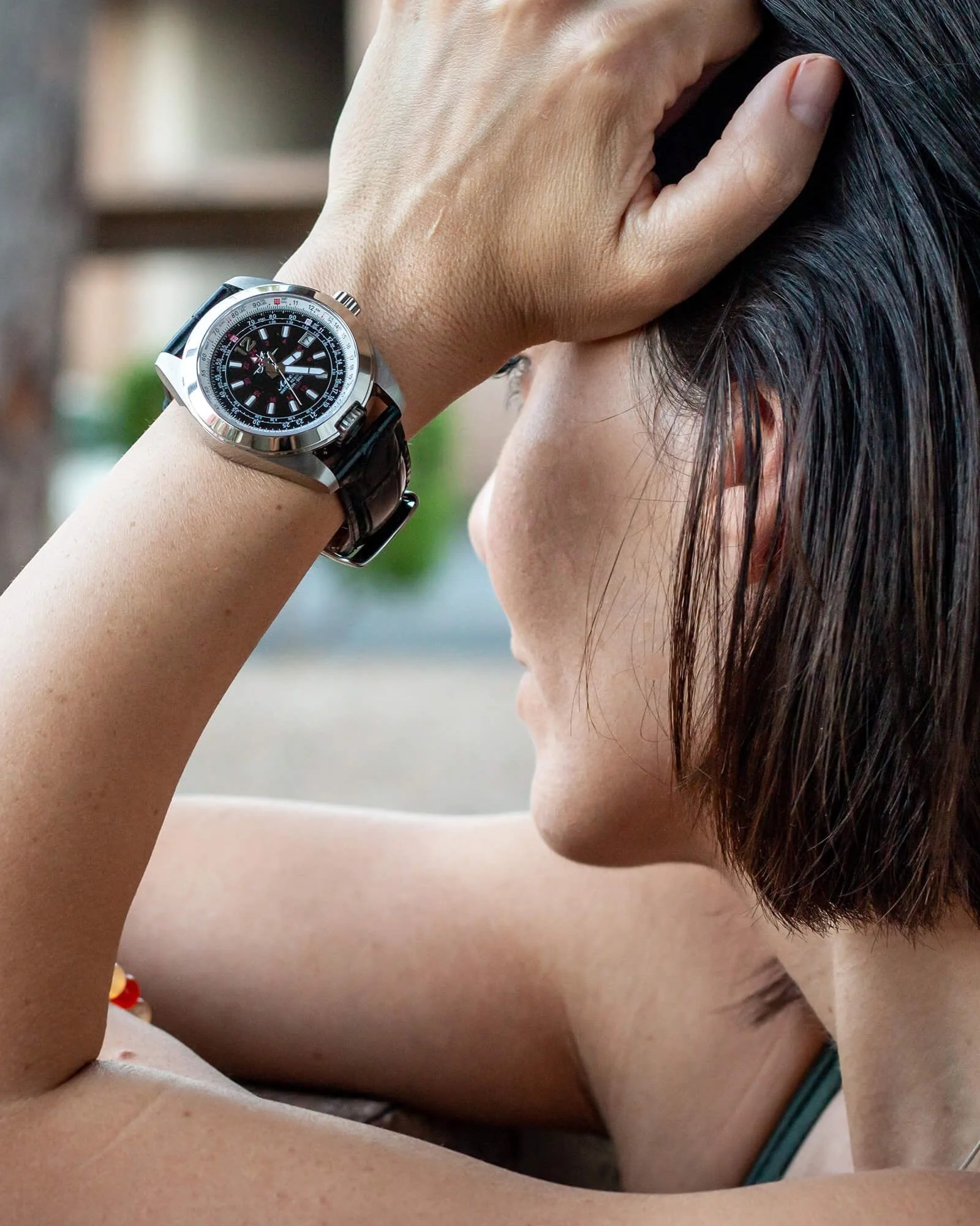 a woman wearing a watch