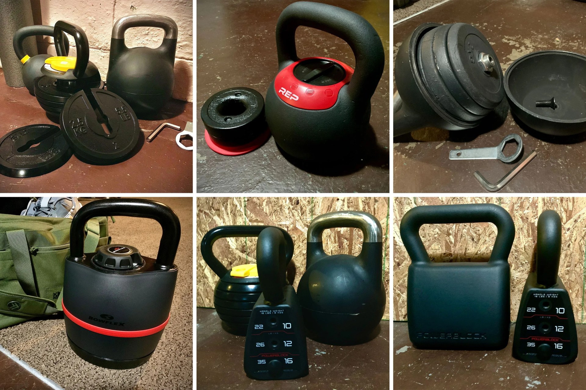 collage of adjustable kettlebells in a gym