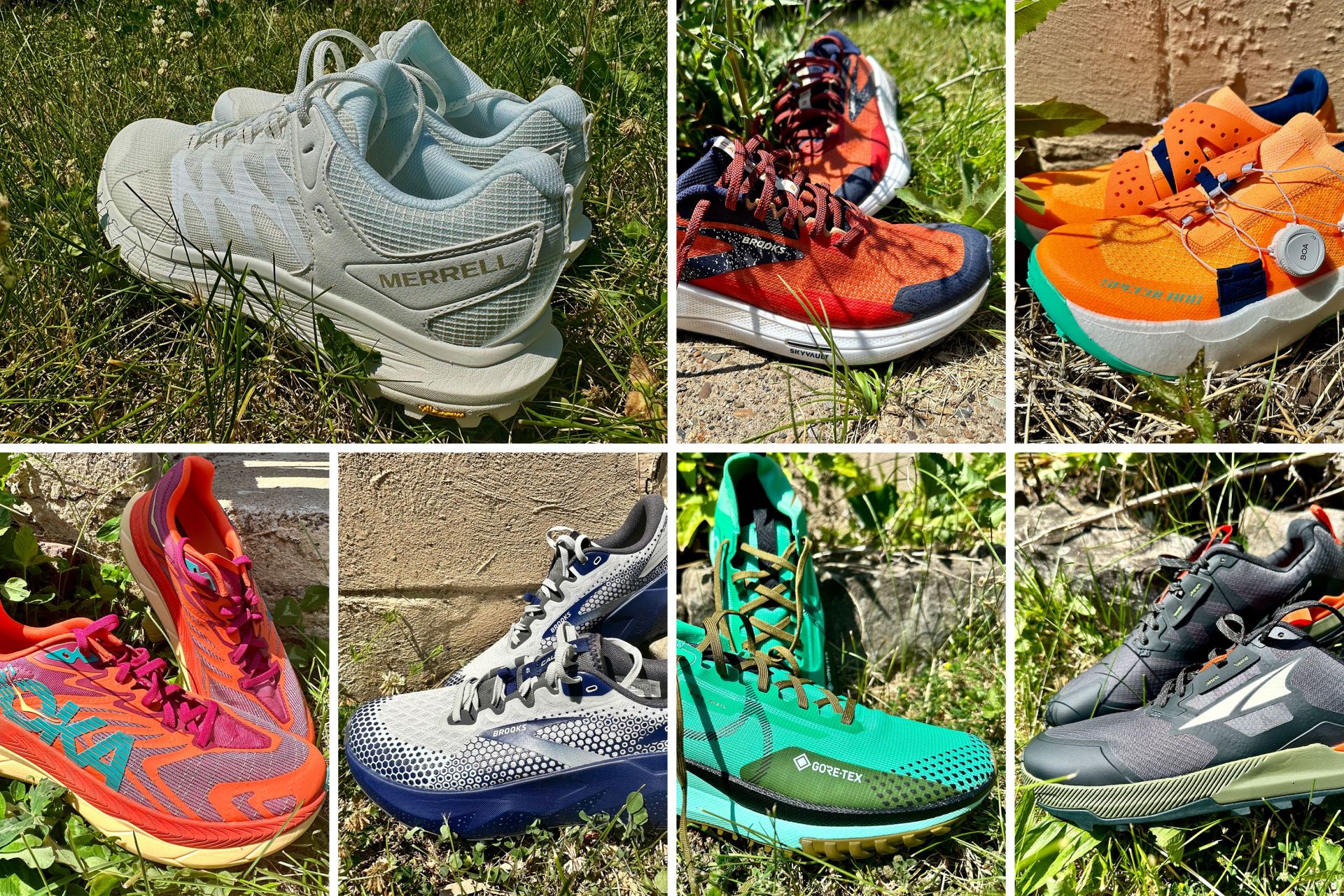 collage of trail running shoes on grass