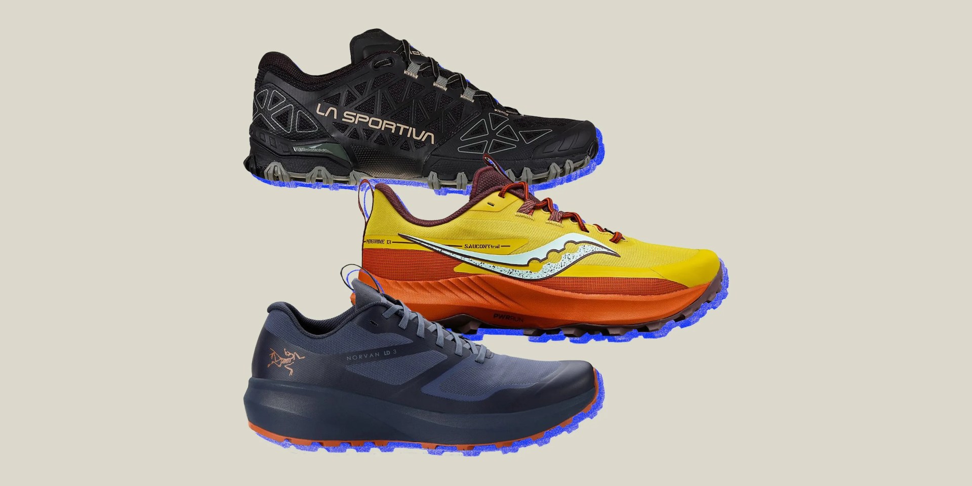 collage of three trail running shoes