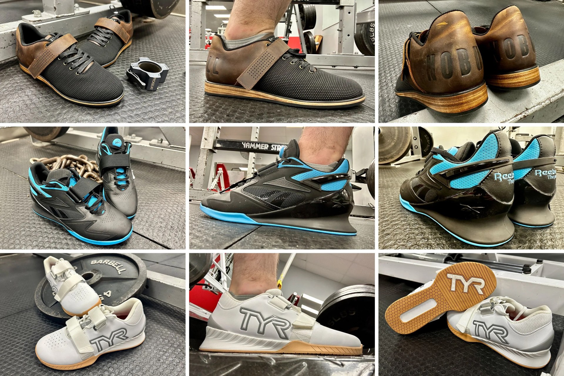 collage of weightlifting shoes at a gym