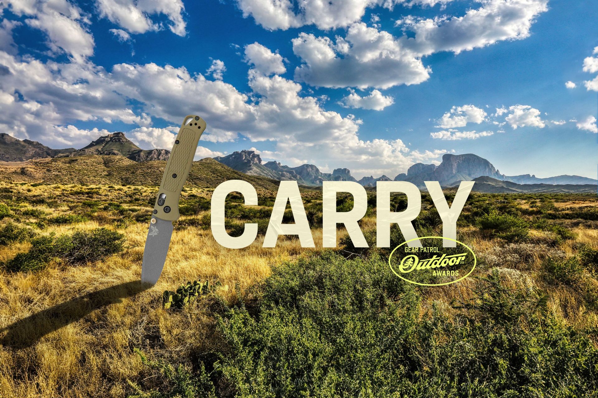 a knife in a field landscape with a carry headline and outdoor badge icon