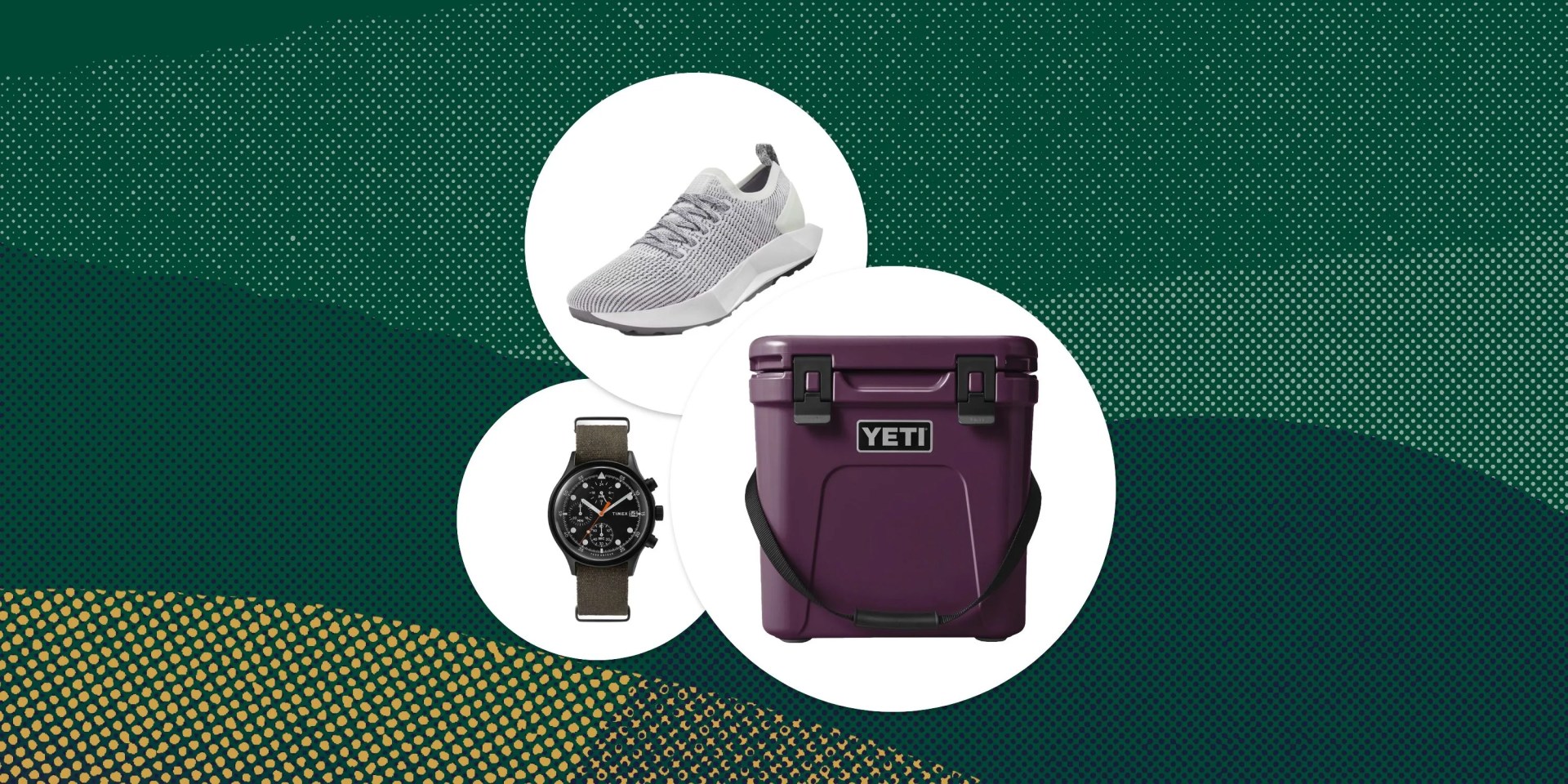 collage of allbird shoes yeti roadie cooler and timex todd snyder