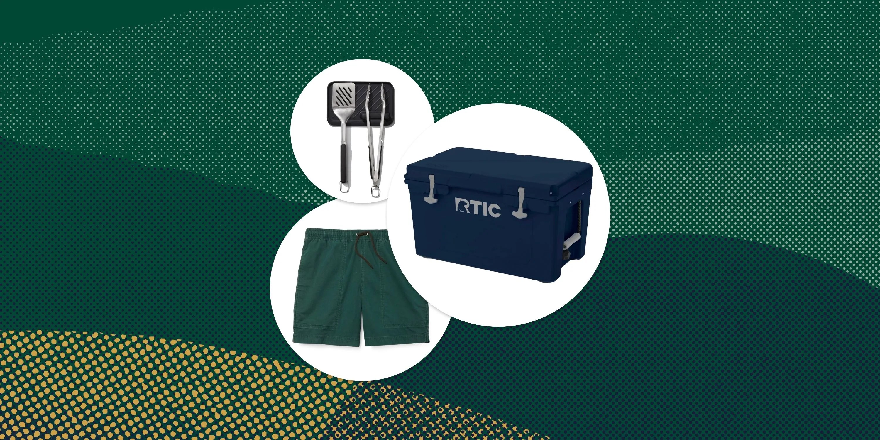 collage of filson dry falls shorts rtic 45 quart hard cooler oxo 3 grilling tool kit
