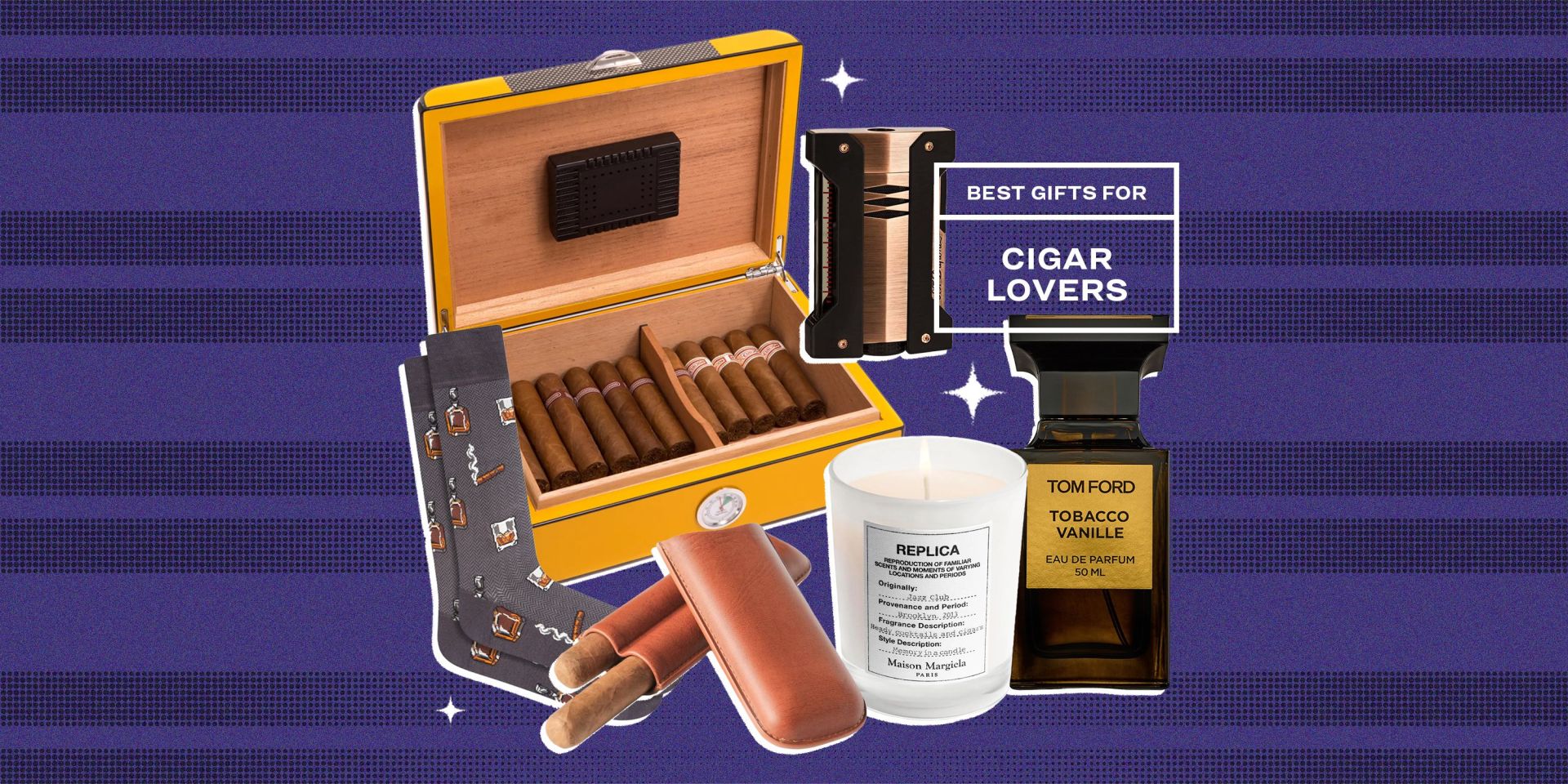 collage of a cigar box, cigar socks, a cigar case, a lighter, a candle, and perfume