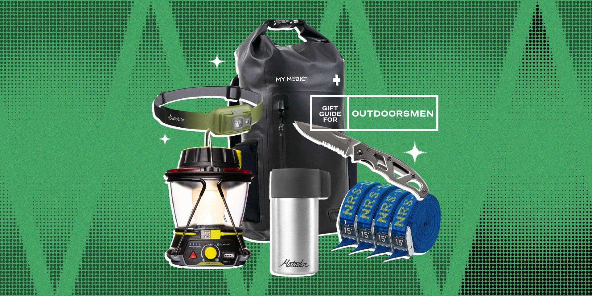 collage of a head lamp, a backpack, a camp lamp, a thermos, a knife, and straps