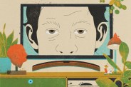 illustration of a man on a tv screen with plants, a soundbar, and a lamp