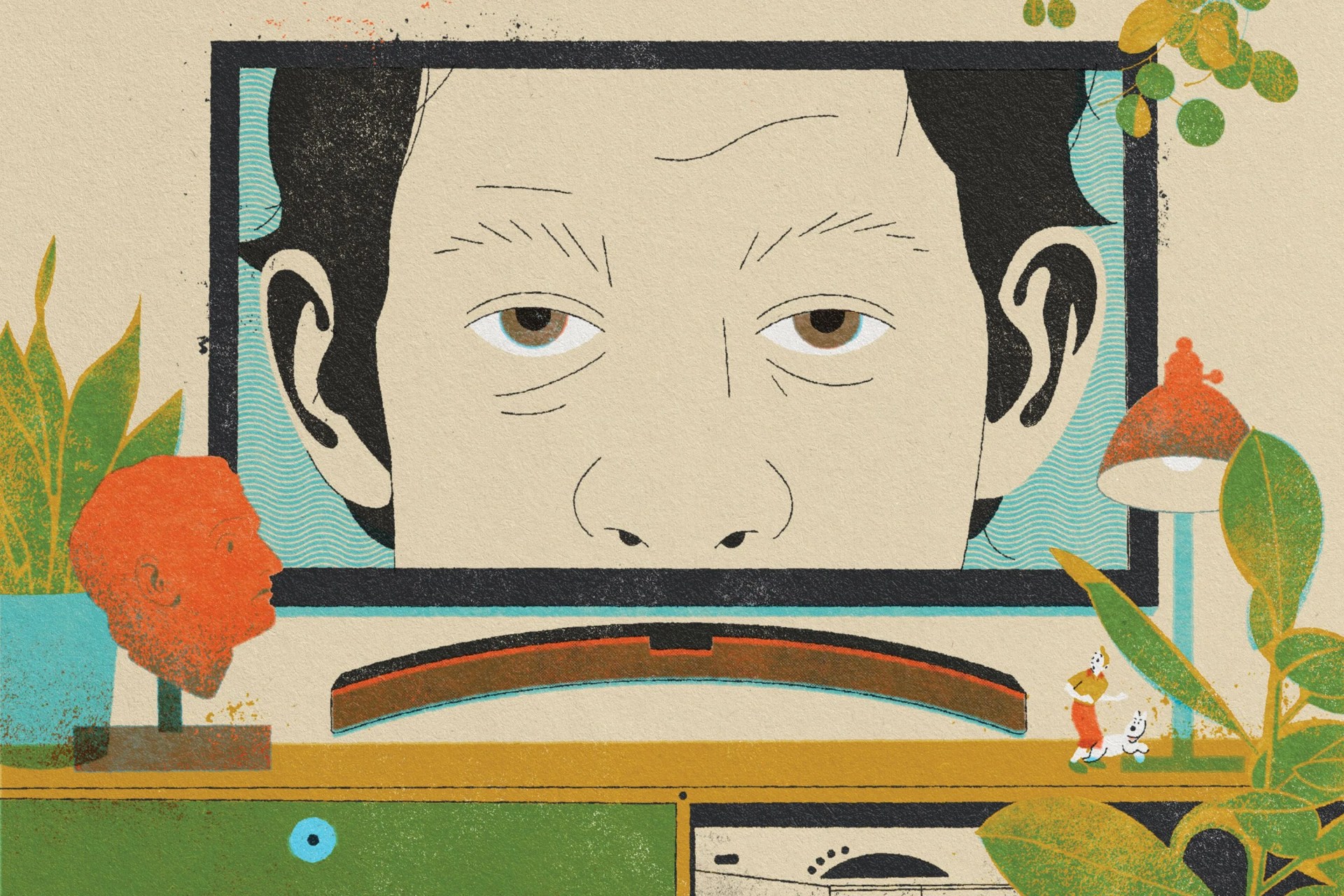 illustration of a man on a tv screen with plants, a soundbar, and a lamp