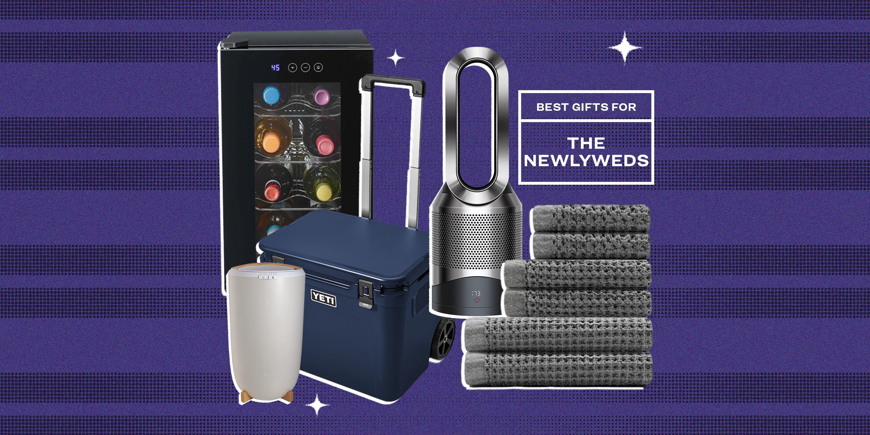 collage of a wine fridge, a towel warmer, a cooler, an air purifier, and towels