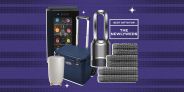 collage of a wine fridge, a towel warmer, a cooler, an air purifier, and towels