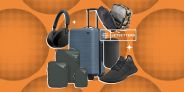 collage of headphones, a suitcase, packing cubes, a thermos, a shoe, and a toiletry bag