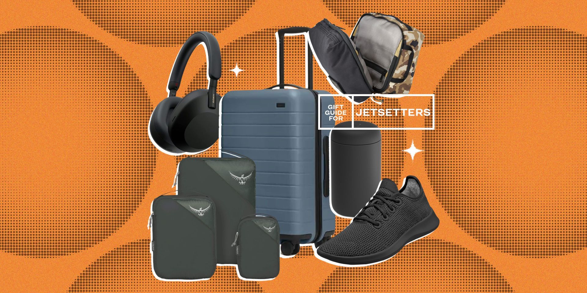 collage of headphones, a suitcase, packing cubes, a thermos, a shoe, and a toiletry bag