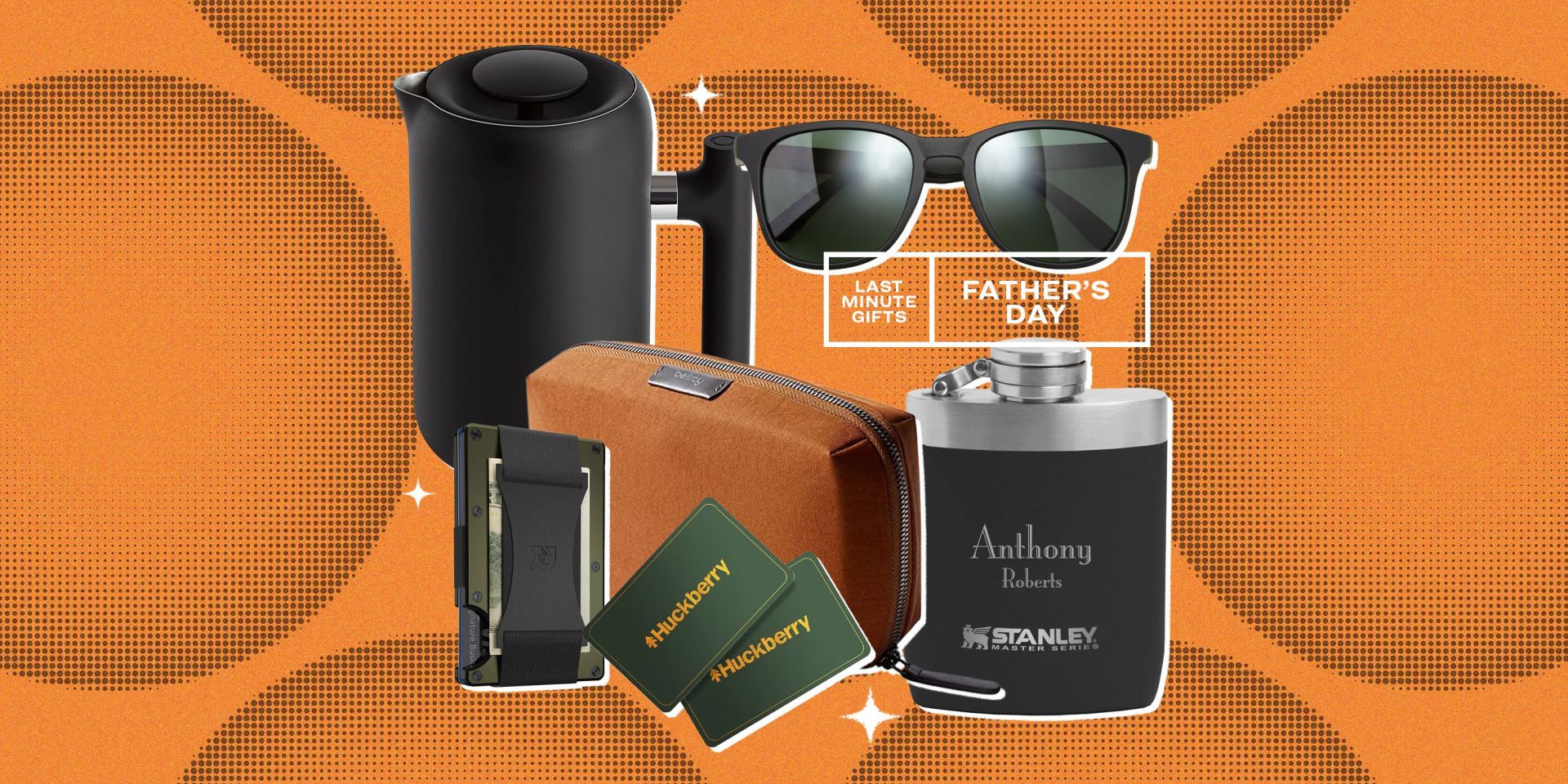 collage of a french press, sunglasses, wallet, gift cards, toiletry bag, and flask