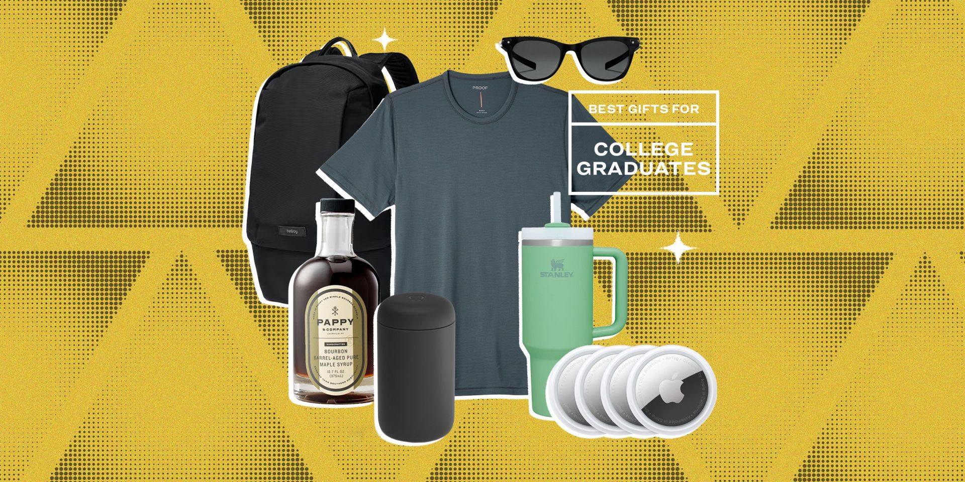 collage of a backpack, tshirt, maple syrup, a thermos, a water cup, sunglasses and airtags