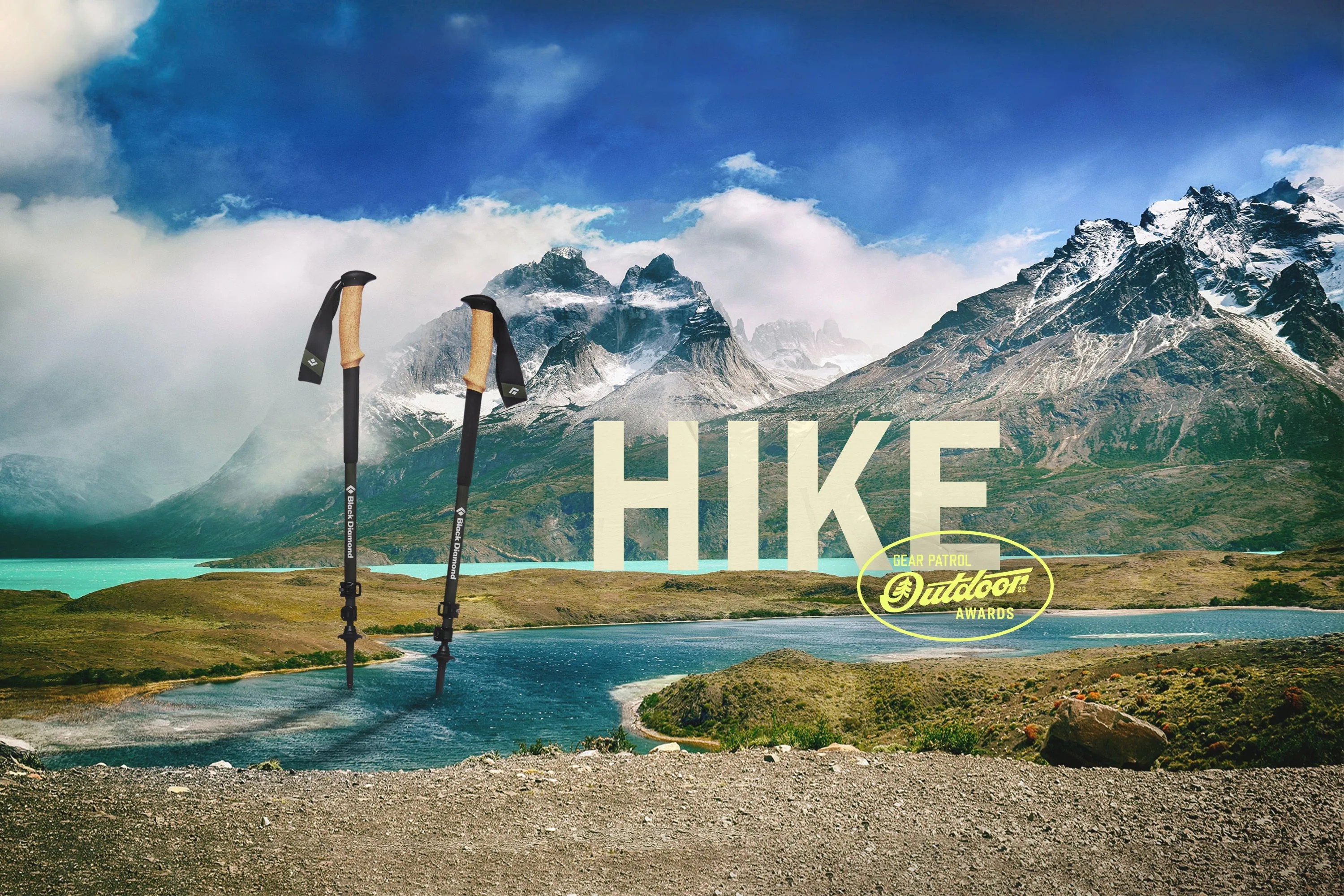 ski poles in a mountain landscape with a hike headline and outdoor badge icon